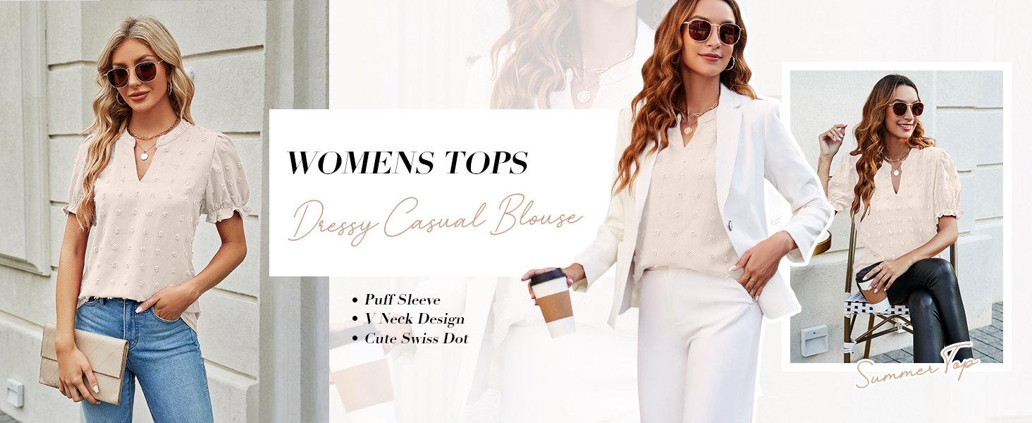 Womens Puff Sleeve Summer Tops Chiffon Short Sleeve Blouses White V Neck Pom Pom Shirts