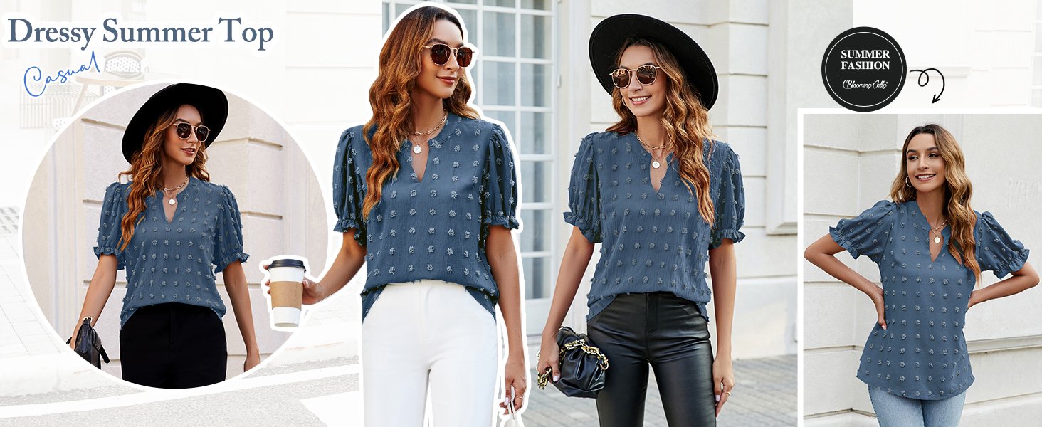 Womens Puff Sleeve Summer Tops Chiffon Short Sleeve Blouses White V Neck Pom Pom Shirts