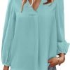Women's Long Sleeve V Neck Shirt Dressy Pleated Top Casual Loose Chiffon Blouses
