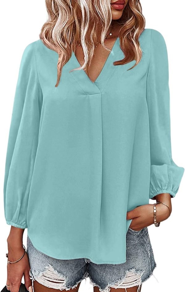Women's Long Sleeve V Neck Shirt Dressy Pleated Top Casual Loose Chiffon Blouses