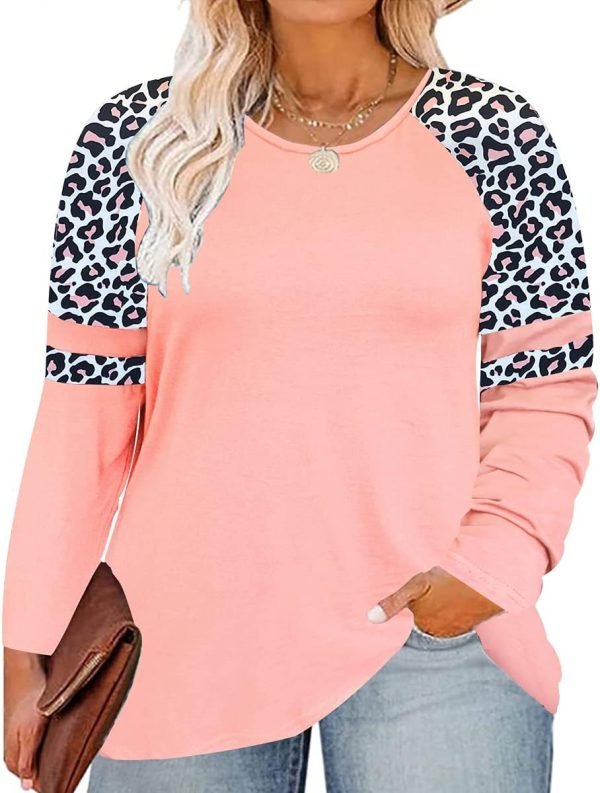 Plus Size T Shirt for Women Long Sleeve Raglan Tops Tee Shirts Color Block Top Leopard Plaid Print XL-5XL 14W-28W