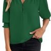 Women's Summer Puff Sleeve Top V Neck Ruffle Button Shirt Pleated Dressy Casual Chiffon Blouses