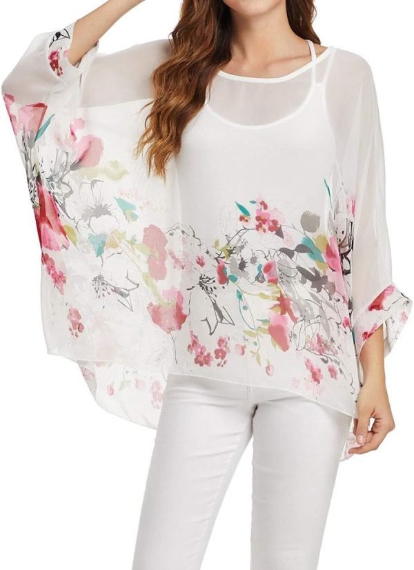 Women Chiffon Blouse Floral Batwing Sleeve Beach Cover Loose Tunic Shirt Tops