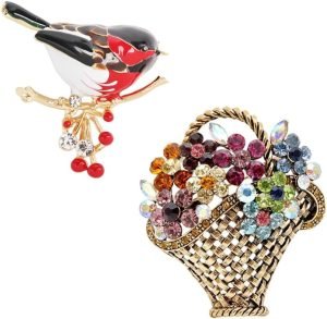 610Mi5OB8yL._AC_SL1000 2Pcs Creative Design Multicolor Bird Brooch Pins Enamel Animal Hummingbird Brooches and Colors Rhinestone Flower Basket Brooch Vintage