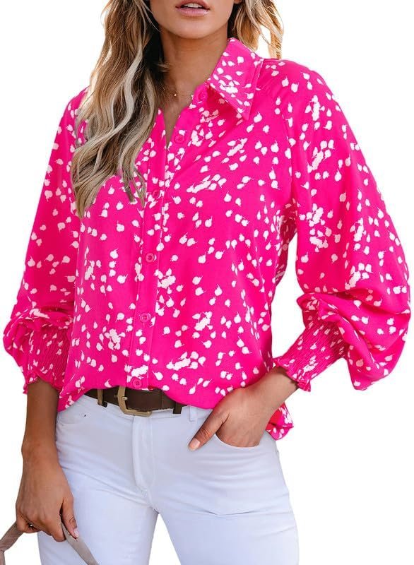 610rkf6ojGL._AC Women's Casual V Neck Allover Floral Print Long Sleeve Chiffon Button Down Blouses Bohemian Top Shirts