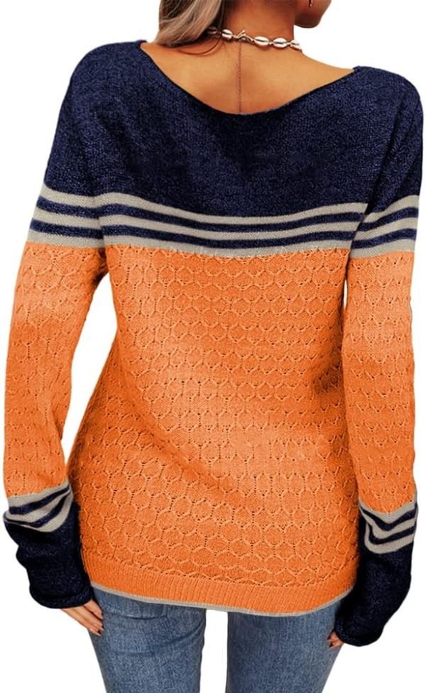 Women Autumn Winter Colorblock Pullover Sweaters Round Neck Striped Slim Fitting Knitwear Tops