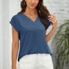 Women's V Neck Chiffon Blouses Cap Sleeve Shirts Casual Loose Work Office Solid Tops