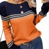 Women Autumn Winter Colorblock Pullover Sweaters Round Neck Striped Slim Fitting Knitwear Tops