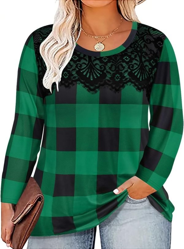 Plus Size Lace Tops for Women Long Sleeve Crewneck Pullover Fall T-shirts Tunics Basic Tees T-Shirts XL-5XL