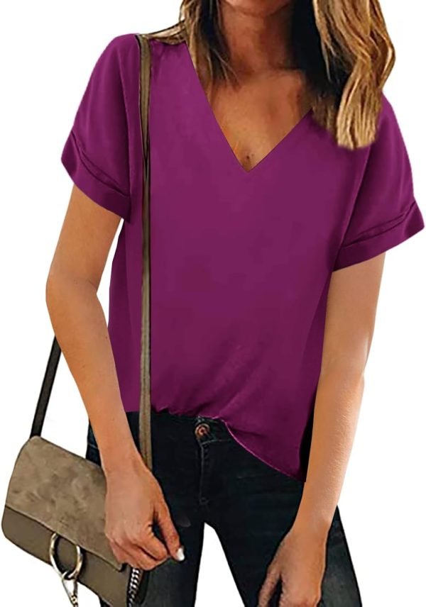 Women V Neck Chiffon Blouse Short Sleeve Summer Casual Loose Shirt Tops