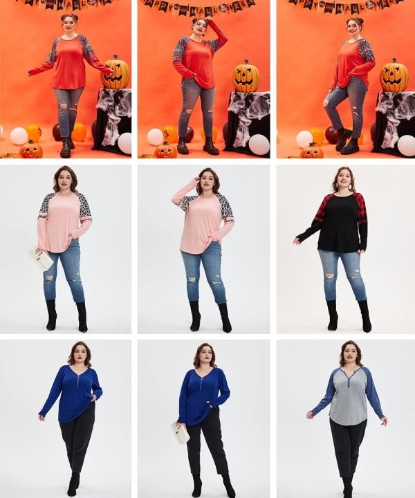 Plus Size T Shirt for Women Long Sleeve Raglan Tops Tee Shirts Color Block Top Leopard Plaid Print XL-5XL 14W-28W