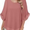 Womens 3/4 Ruffle Sleeve Tops Double Layer Chiffon Blouses Scoop Neck Flowy Tops Elegant Summer Shirt Tunic