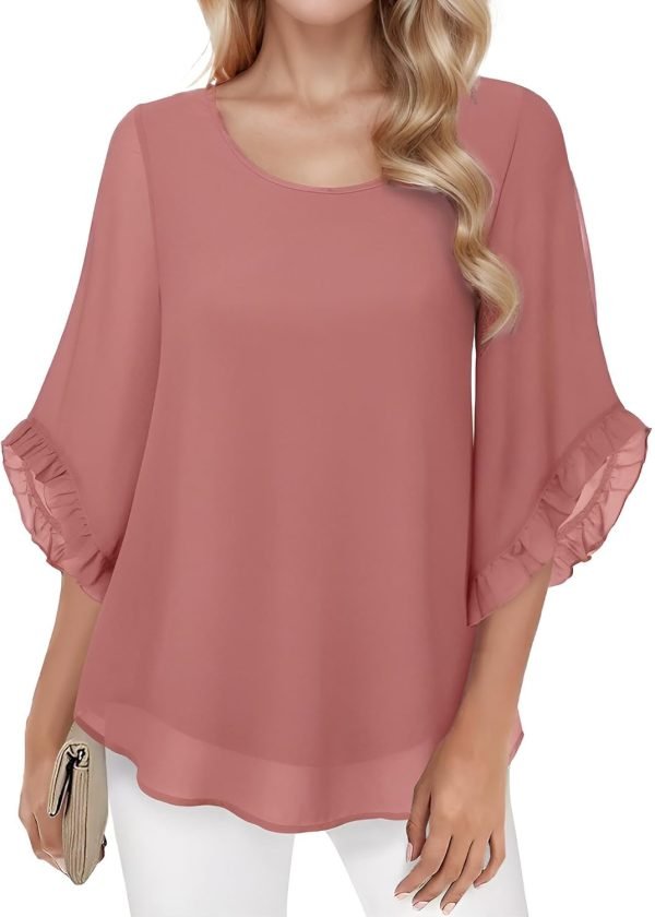 Womens 3/4 Ruffle Sleeve Tops Double Layer Chiffon Blouses Scoop Neck Flowy Tops Elegant Summer Shirt Tunic