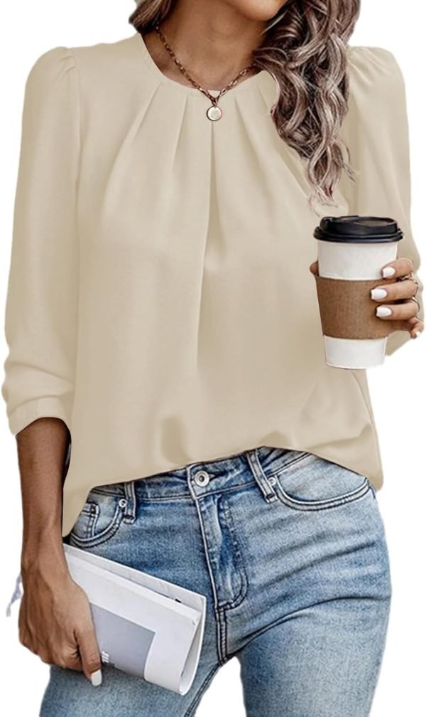 Womens Tops Dressy Casual Pleated Crew Neck Long Sleeve Shirts Office Work Chiffon Blouses