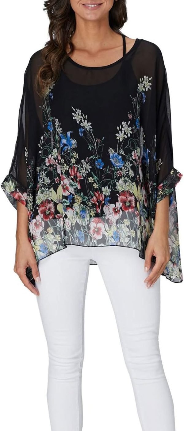 Women Chiffon Blouse Floral Batwing Sleeve Beach Cover Loose Tunic Shirt Tops