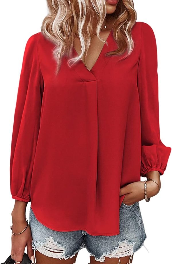 Women's Long Sleeve V Neck Shirt Dressy Pleated Top Casual Loose Chiffon Blouses