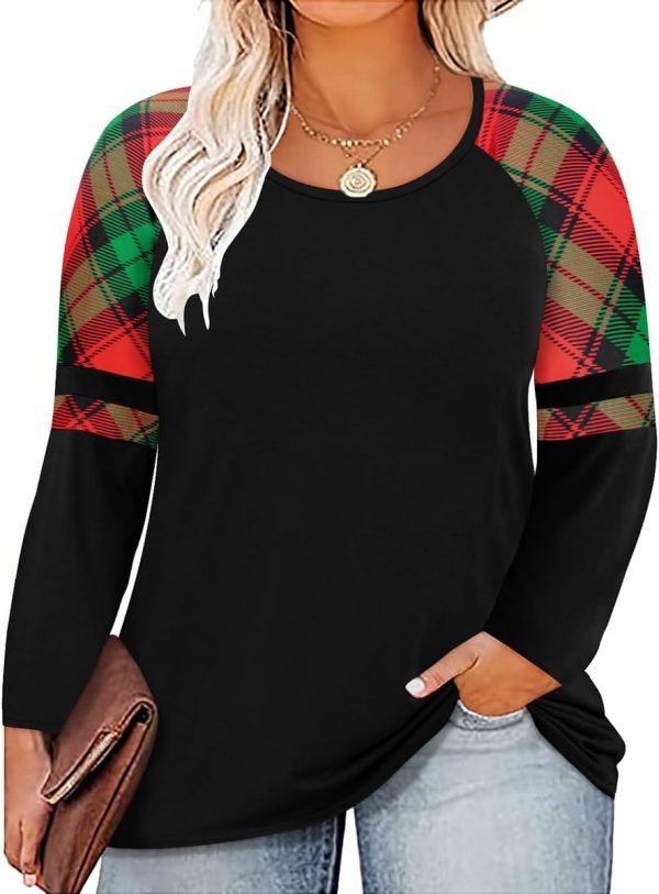 Plus Size T Shirt for Women Long Sleeve Raglan Tops Tee Shirts Color Block Top Leopard Plaid Print XL-5XL 14W-28W