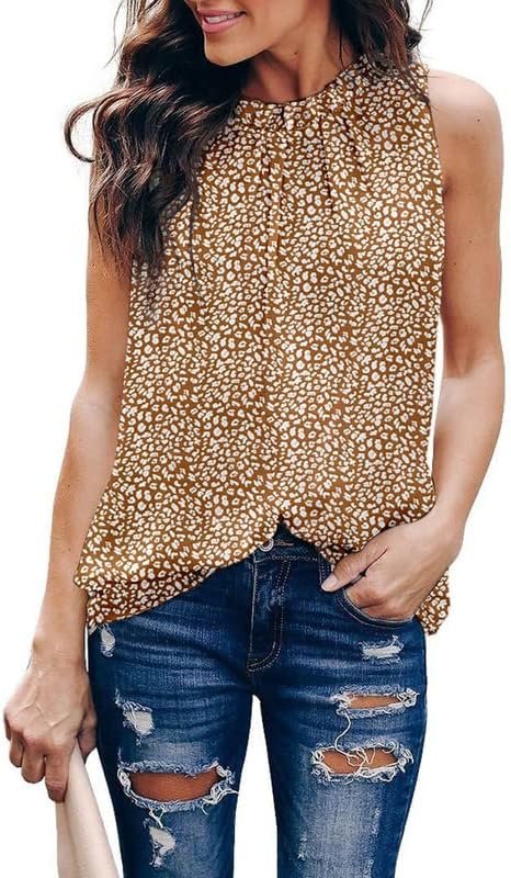 Womens Casual Sleeveless Shirts Halter Neck Leopard Print Tank Top and Blouses