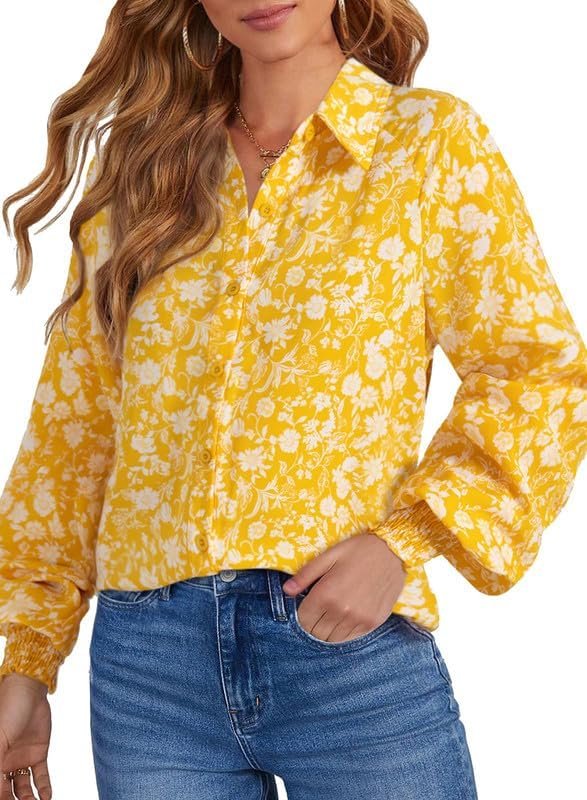 615MKhi4eGL._AC Women's Casual V Neck Allover Floral Print Long Sleeve Chiffon Button Down Blouses Bohemian Top Shirts