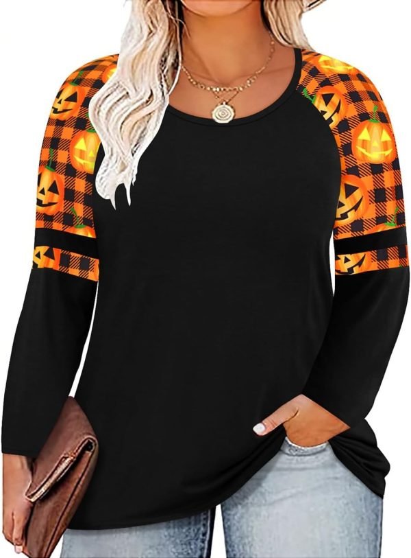 Plus Size T Shirt for Women Long Sleeve Raglan Tops Tee Shirts Color Block Top Leopard Plaid Print XL-5XL 14W-28W