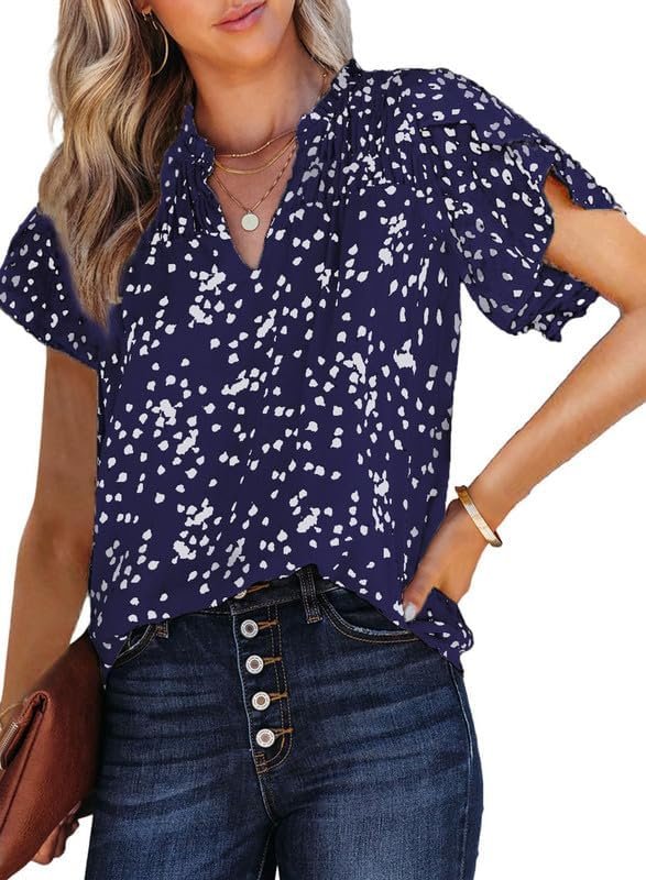 Women's Casual V Neck Alicia Floral Print Smocked Short Sleeve Chiffon Blouses Bohemian Top Shirts