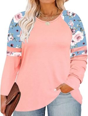 616UiMK1q5L._AC_SL1200 Plus Size T Shirt for Women Long Sleeve Raglan Tops Tee Shirts Color Block Top Leopard Plaid Print XL-5XL 14W-28W