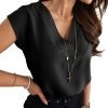 Women's V Neck Chiffon Blouses Cap Sleeve Shirts Casual Loose Work Office Solid Tops