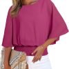 Womens Solid Short Sleeve Boat Crew Neck Chiffon Blouses 3/4 Sleeve Casual Dressy Shirts Batwing Dolman Top Tunic