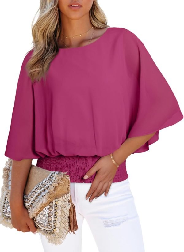 Womens Solid Short Sleeve Boat Crew Neck Chiffon Blouses 3/4 Sleeve Casual Dressy Shirts Batwing Dolman Top Tunic