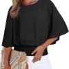 Womens Solid Short Sleeve Boat Crew Neck Chiffon Blouses 3/4 Sleeve Casual Dressy Shirts Batwing Dolman Top Tunic