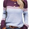 Women Autumn Winter Colorblock Pullover Sweaters Round Neck Striped Slim Fitting Knitwear Tops