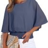Womens Solid Short Sleeve Boat Crew Neck Chiffon Blouses 3/4 Sleeve Casual Dressy Shirts Batwing Dolman Top Tunic
