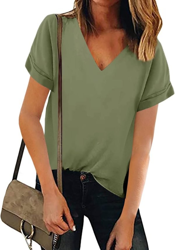 Women V Neck Chiffon Blouse Short Sleeve Summer Casual Loose Shirt Tops