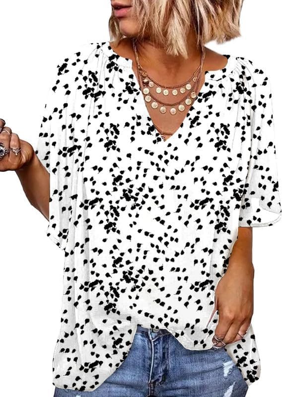 Womens Casual V Neck Loose 3/4 Bell Sleeve Chiffon Blouse Shirt Pleated Flowy Tunic Tops