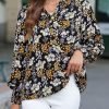 61AWKWDXQ7L._AC Women's Casual V Neck Easel Floral Print Long Sleeve Blouses Smocked Button Down Shirts Bohemian Top