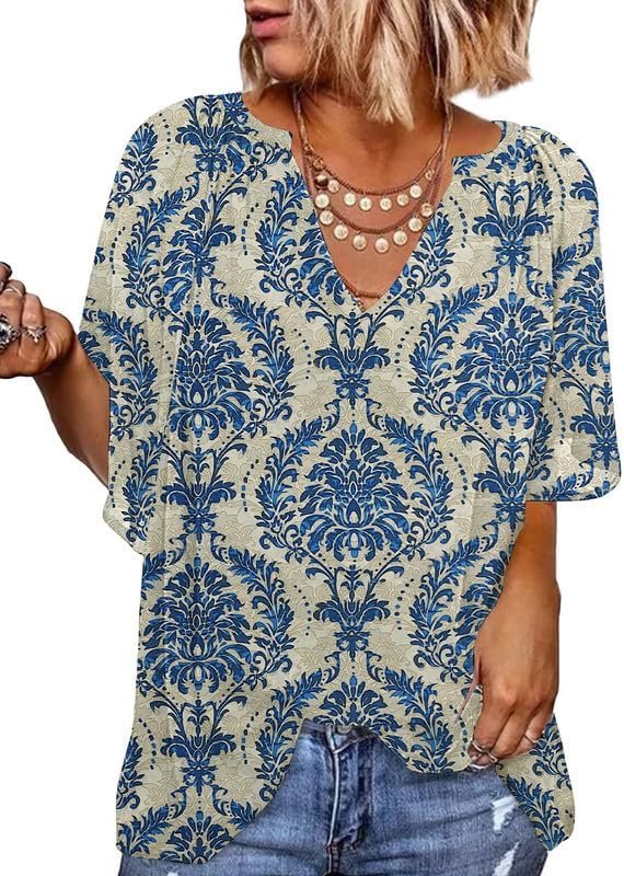 Womens Casual V Neck Loose 3/4 Bell Sleeve Chiffon Blouse Shirt Pleated Flowy Tunic Tops