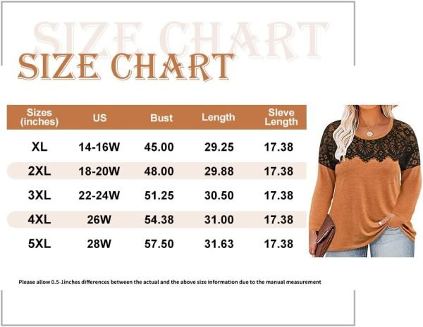 Plus Size Lace Tops for Women Long Sleeve Crewneck Pullover Fall T-shirts Tunics Basic Tees T-Shirts XL-5XL