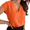 Women's V Neck Chiffon Blouses Cap Sleeve Shirts Casual Loose Work Office Solid Tops