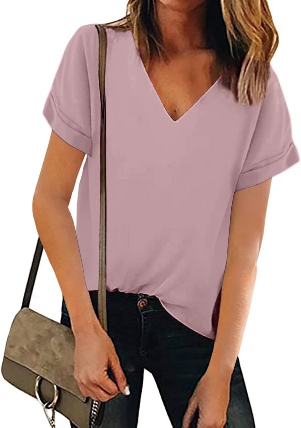 Women V Neck Chiffon Blouse Short Sleeve Summer Casual Loose Shirt Tops