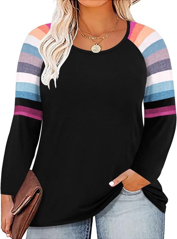Plus Size T Shirt for Women Long Sleeve Raglan Tops Tee Shirts Color Block Top Leopard Plaid Print XL-5XL 14W-28W
