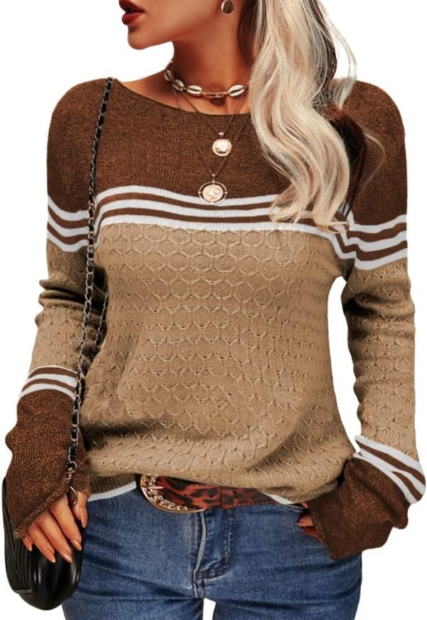 Women Autumn Winter Colorblock Pullover Sweaters Round Neck Striped Slim Fitting Knitwear Tops