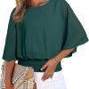 Womens Solid Short Sleeve Boat Crew Neck Chiffon Blouses 3/4 Sleeve Casual Dressy Shirts Batwing Dolman Top Tunic