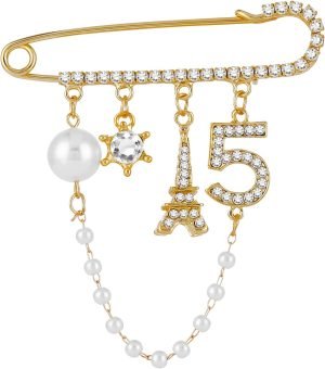 Number 5 Lapel Pins and Brooches Vintage Imitating Pearl Rhinestone Crystal Brooch Pin for Women Rhinestone Jewelry