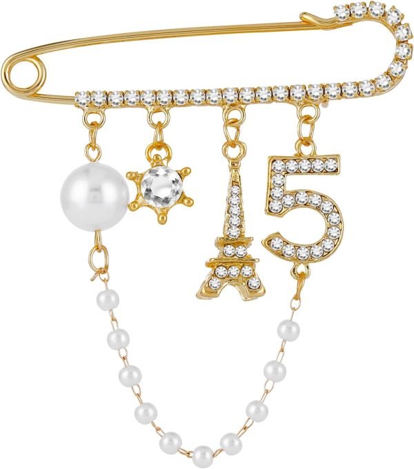 Number 5 Lapel Pins and Brooches Vintage Imitating Pearl Rhinestone Crystal Brooch Pin for Women Rhinestone Jewelry