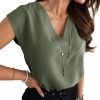 Women's V Neck Chiffon Blouses Cap Sleeve Shirts Casual Loose Work Office Solid Tops