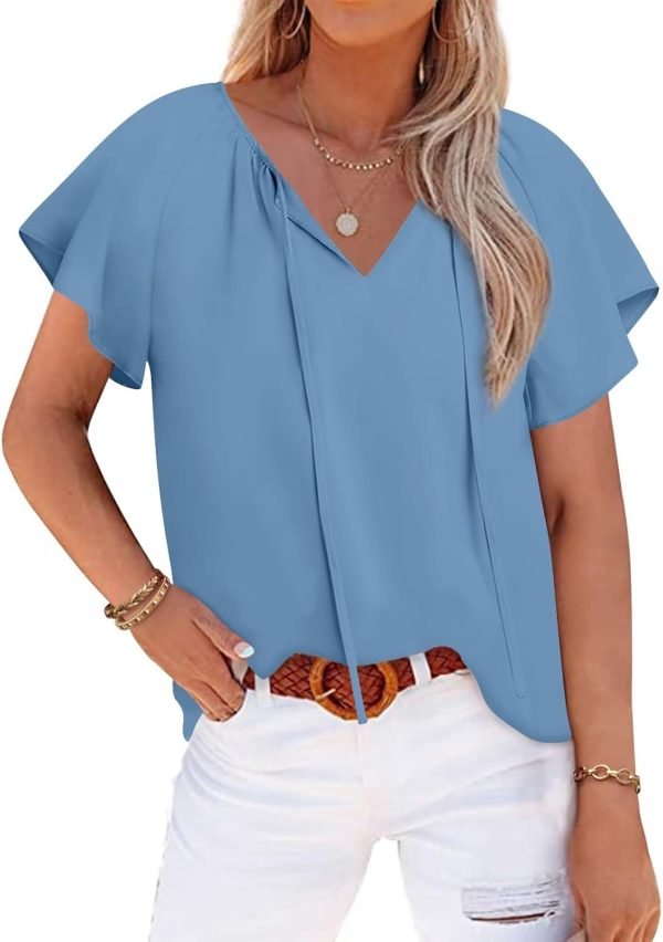 Womens 2024 Summer Tunic Tops Casual Short Sleeve Blouses V Neck Dressy Chiffon Boho Tshirts