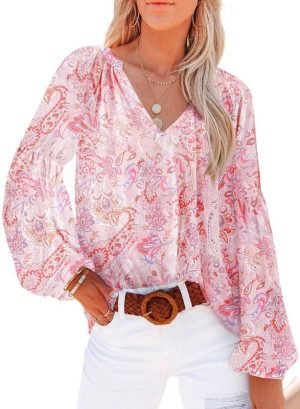 61DO3mkHFuL._AC Women's Casual Boho Floral Print V Neck Long Sleeve T Shirt Blouses