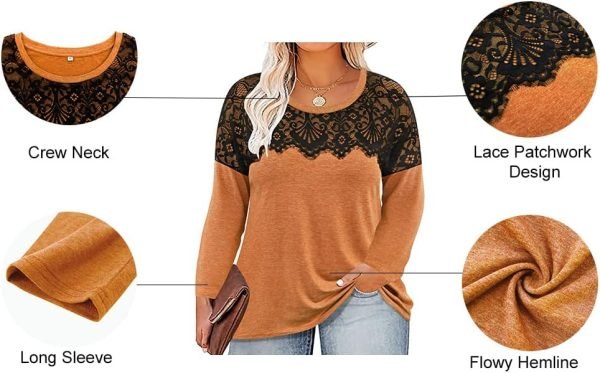Plus Size Lace Tops for Women Long Sleeve Crewneck Pullover Fall T-shirts Tunics Basic Tees T-Shirts XL-5XL