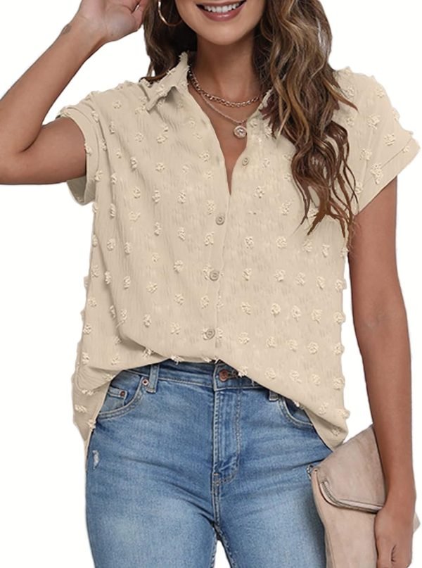 61E7ebndI-L._AC_SL1500 Women White Button Down Shirt Dressy Casual Work Tops Chiffon Blouse Summer Short Sleeve Shirts