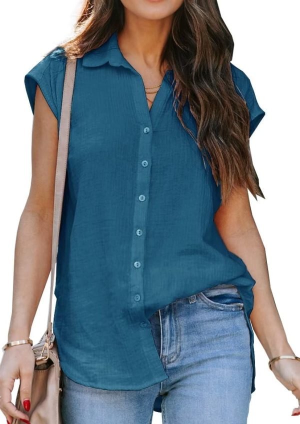 Women's V Neck Short Sleeve Button Down Shirts Casual Chiffon Blouses Tops